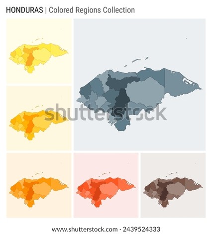 Honduras map collection. Country shape with colored regions. Blue, Grey, Yellow, Amber, Orange, Deep Orange, Brown color palettes. Border of Honduras with provinces for your infographic.