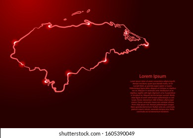 Honduras map from the contour red brush lines different thickness and glowing stars on dark background. Vector illustration.