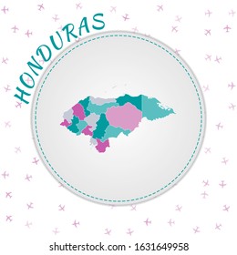 Honduras map design. Map of the country with regions in emerald-amethyst color palette. Rounded travel to Honduras poster with country name and airplanes background. Beautiful vector illustration.