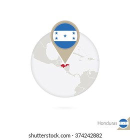 Honduras map and flag in circle. Map of Honduras, Honduras flag pin. Map of Honduras in the style of the globe. Vector Illustration.
