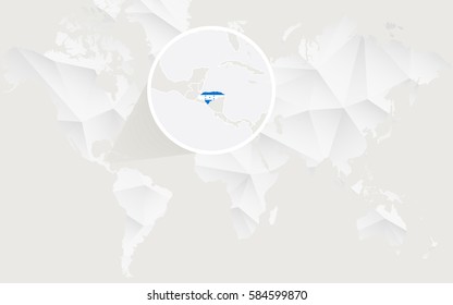Honduras map with flag in contour on white polygonal World Map. Vector Illustration.