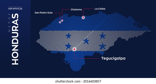 Honduras map with flag info graphic. Abstract vector map of Honduras with capital and major cities. Dots composition map on dark background.
