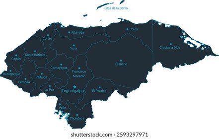 Honduras map high detailed with administrative divide by state, capital cities names, outline simplicity style. Vector illustration EPS10.