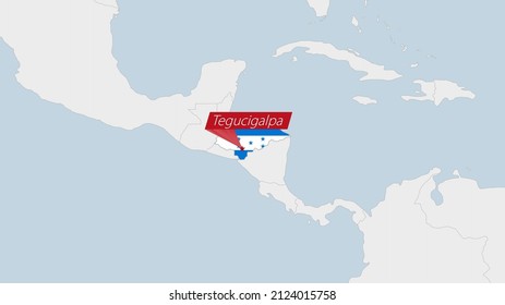 Mapa de Honduras resaltado en los colores de la bandera de Honduras y pin de la capital del país, Tegucigalpa, mapa con los países vecinos de América.