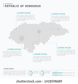 Honduras map infographics with abstract pixelated dot pattern on white background. Stylized map concept with elementsl. - Vector illustration