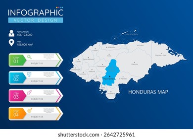 Honduras map with location pointer marks. High detailed country map with division, cities and capital infographic template. Vector illustration EPS10