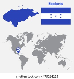 Honduras map on a world map with flag and map pointer. Vector illustration