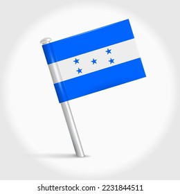 Honduras map pin flag icon. Honduran pennant map marker on a metal needle. 3D realistic vector illustration.