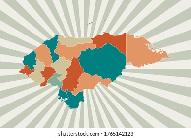 Honduras map. Poster with map of the country in retro color palette. Shape of Honduras with sunburst rays background. Vector illustration.