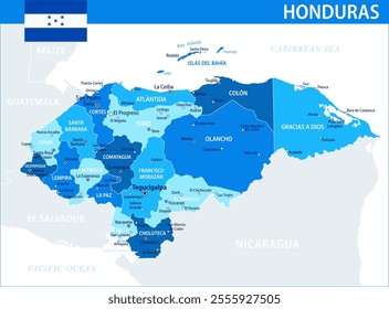 Honduras Map Vector Blue Spot - Customizable layered political map of Honduras with administrative divisions for website, education, reports, news, politics, print, poster and wallpaper