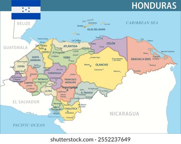 Honduras Map Vetor New 2024 Colorido - Personalizável mapa político em camadas de Honduras com divisões administrativas para site, educação, relatórios, notícias, política, impressão, cartaz e papel de parede