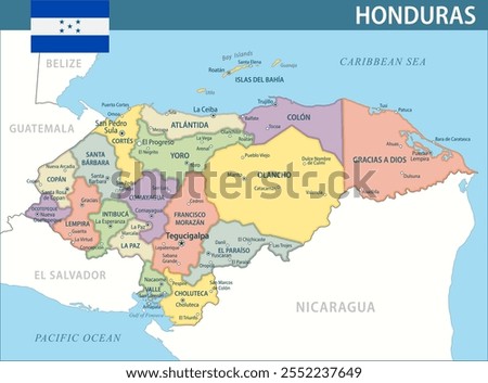 Honduras Map Vector New 2024 Colorful - Customizable layered political map of Honduras with administrative divisions for website, education, reports, news, politics, print, poster and wallpaper