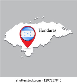 Honduras map with white shadow and country name on the map. Check-in point with a national flag on a gray background.