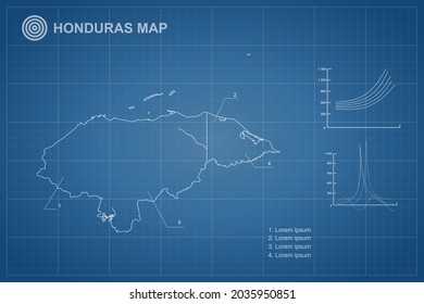 Honduras Map - World Map International vector template with outline style and white color isolated on blueprint background - Vector illustration eps 10