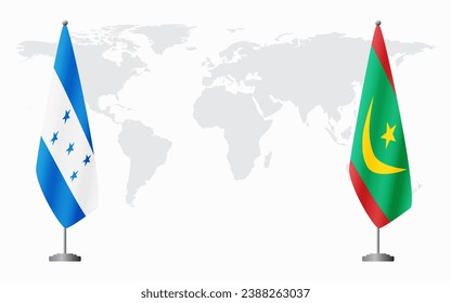 Honduras and Mauritania flags for official meeting against background of world map.