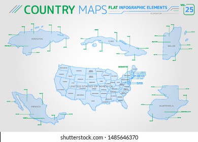 Honduras, Mexico, Cuba, United States, Belize and Guatemala Vector Maps