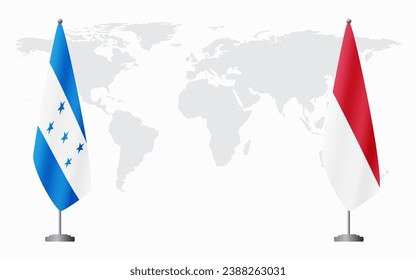 Honduras and Monaco flags for official meeting against background of world map.