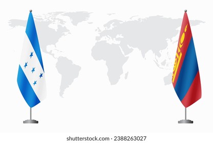 Honduras and Mongolia flags for official meeting against background of world map.