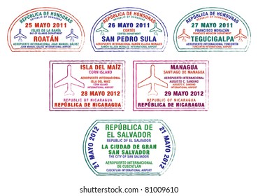 Honduras  Nicaragua   El Salvador passport stamps in vector format 