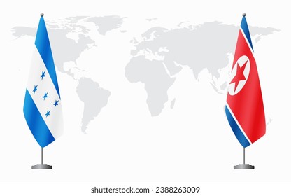 Honduras and North Korea flags for official meeting against background of world map.