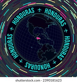 Honduras on globe. Satelite view of the world centered to Honduras. Bright neon style. Futuristic radial bricks background. Superb vector illustration.