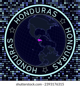 Honduras on globe vector. Futuristic satellite view of the world centered to Honduras. Geographical illustration with shape of country and squares background. Bright neon colors on dark background.