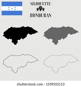 Honduras outline world map, solid, dash line contour silhouette, national flag vector illustration design, isolated on background, objects, symbol from countries set