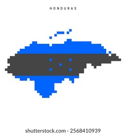 Honduras pixel flag map icon. 8 bit pixel art Honduran map covered with flag. Flat vector illustration isolated on white background.