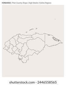 Mapa del país de Honduras. Detalles altos. Estilo de regiones de esquema. Forma de Honduras. Ilustración vectorial.