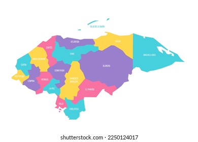 Mapa político hondureño de divisiones administrativas - departamentos. Mapa vectorial colorido con etiquetas.