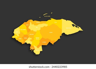 Honduras political map of administrative divisions - departments. Yellow shade flat vector map with name labels and dropped shadow isolated on dark grey background.