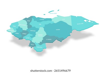Mapa político de Honduras de divisões administrativas - departamentos. Mapa de vetor turquesa 3D com rótulos de nome.