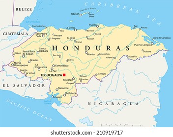 Honduras Politische Karte mit der Hauptstadt Tegucigalpa, mit nationalen Grenzen, die wichtigsten Städte, Flüsse und Seen. Illustration mit englischer Kennzeichnung und Skalierung.