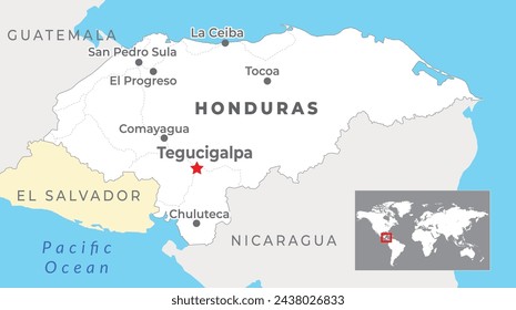 Mapa político de Honduras con capital Tegucigalpa, ciudades más importantes y fronteras nacionales