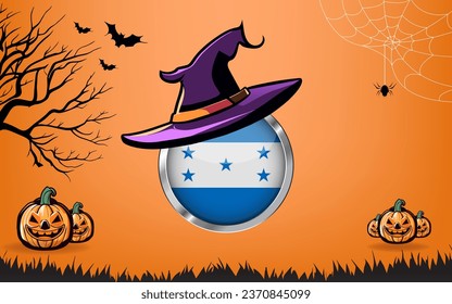 honduras round flag with Happy Halloween banner or party invitation background. bats, spiders and pumpkins, orange background