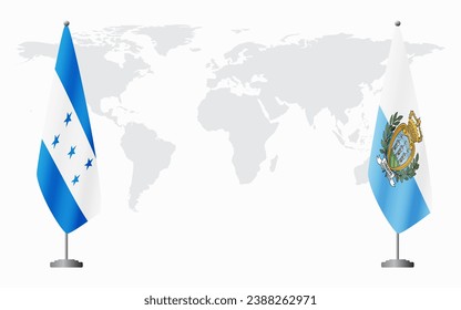 Honduras and San Marino flags for official meeting against background of world map.