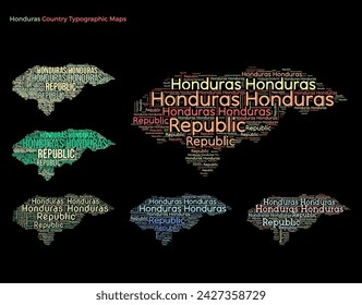 Honduras. Set of typography style country illustrations. Honduras map shape built of horizontal and vertical country names. Vector illustration.