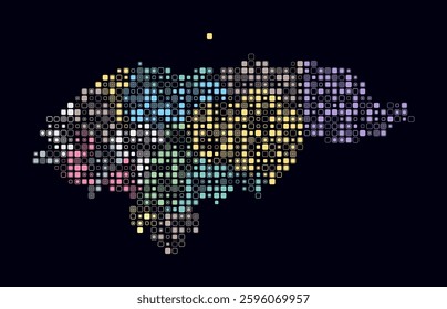 Honduras, shape of the country build of colored cells. Digital style map of the Honduras on dark background. Small size rounded square blocks. Vibrant vector illustration.