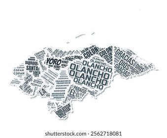 Honduras shape text cloud. Country border with shadow on white background. Honduras with regions division in vintage gazette style. Trending vector illustration.