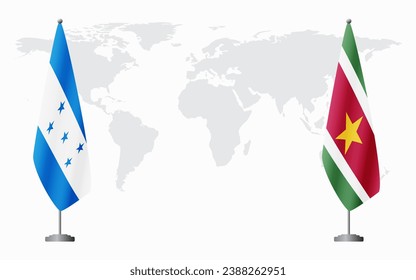 Honduras and Suriname flags for official meeting against background of world map.