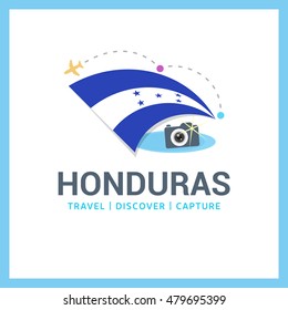 Honduras Travel, Discover, Capture logo - Vector travel Photographer logo design - Country Flag Travel, Discover and Photographer Conceptual logotype - vector illustration