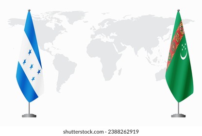 Honduras and Turkmenistan flags for official meeting against background of world map.