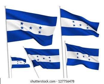 Honduras vector flags set. 5 wavy 3D cloth pennants fluttering on the wind. EPS 8 created using gradient meshes isolated on white background. Five flagstaff design elements from world collection