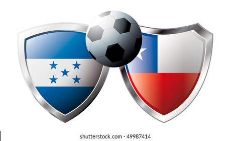 Honduras versus Chile abstract vector illustration isolated on white background.  Shiny football shield of flag Honduras versus Chile