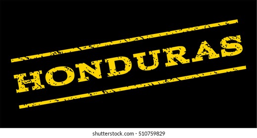 Honduras watermark stamp. Text caption between parallel lines with grunge design style. Rubber seal stamp with scratched texture. Vector yellow color ink imprint on a blue background.