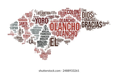 Honduras Word Cloud. Country shape with region division. Honduras typography style image. Region names tag clouds. Vector illustration.