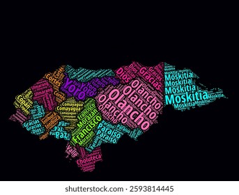 Honduras Word Cloud. Region names of the country in Spanish language. Bright neon style design on dark background. Honduras shape with administrative division. Trending vector illustration.