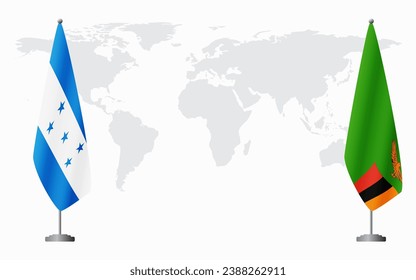 Honduras and Zambia flags for official meeting against background of world map.