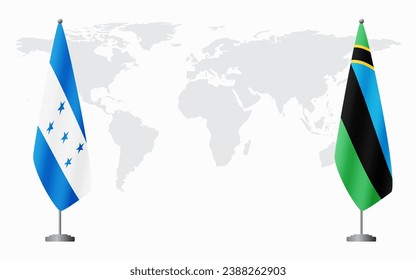 Honduras and Zanzibar flags for official meeting against background of world map.