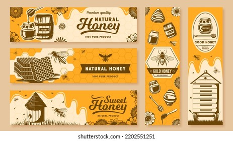 Hone banners. Healthy natural sweets, bee farm products and header with honeycomb cells vector illustration set of banner honey sweet delicious